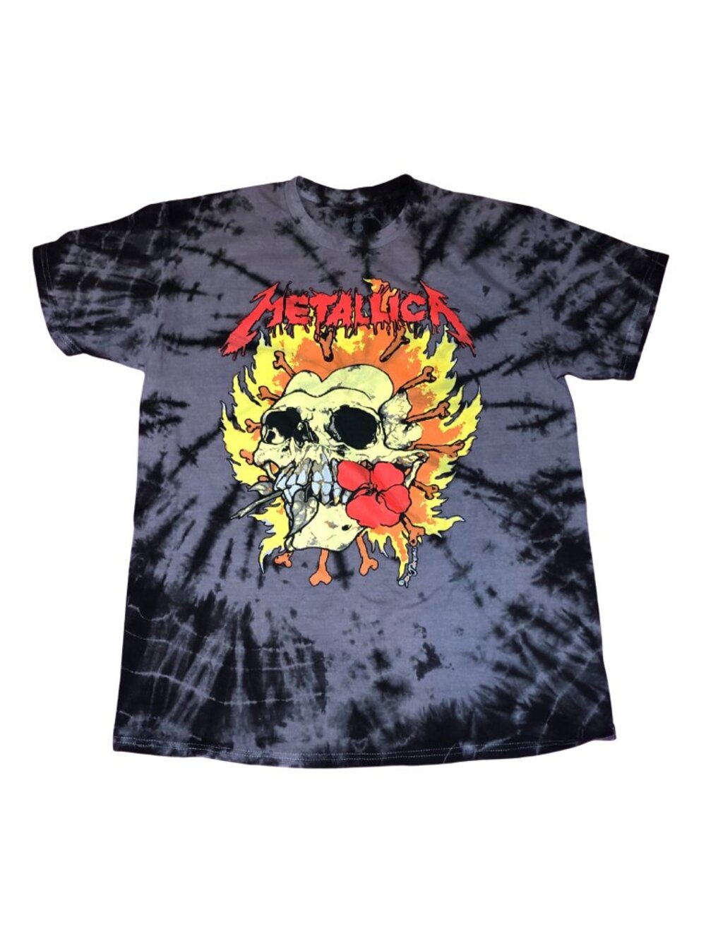Custom Metallica Flaming Skull Gray Black Spiral Tie-Dye T-Shirt Size S/M
